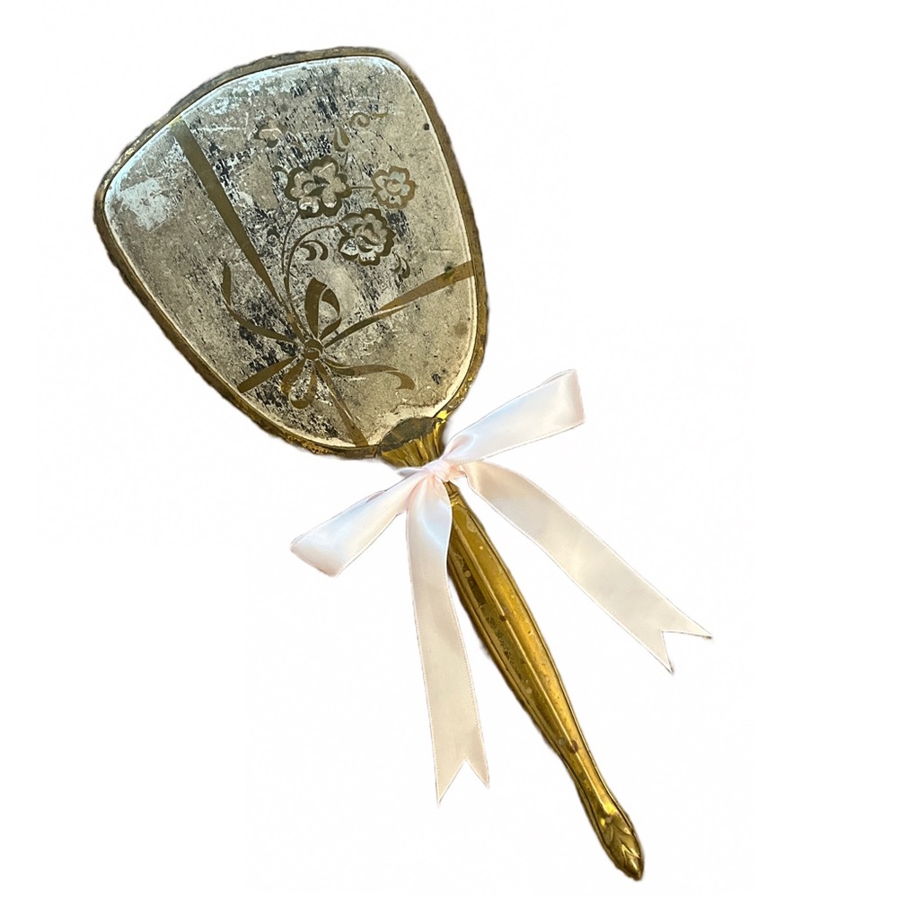 1900’s Victorian Antique Brass Patina Ballerina Aesthetic Handheld Lolita Mirror